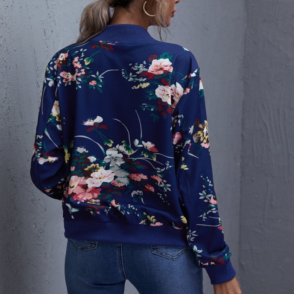 Boho Burgundy Floral  Zipper Light Bomber Jacket - Picture 4 of 5